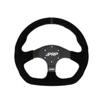PRP Comp-R D-shape black suede steering wheel featuring blue stitching and a blue center alignment stripe.