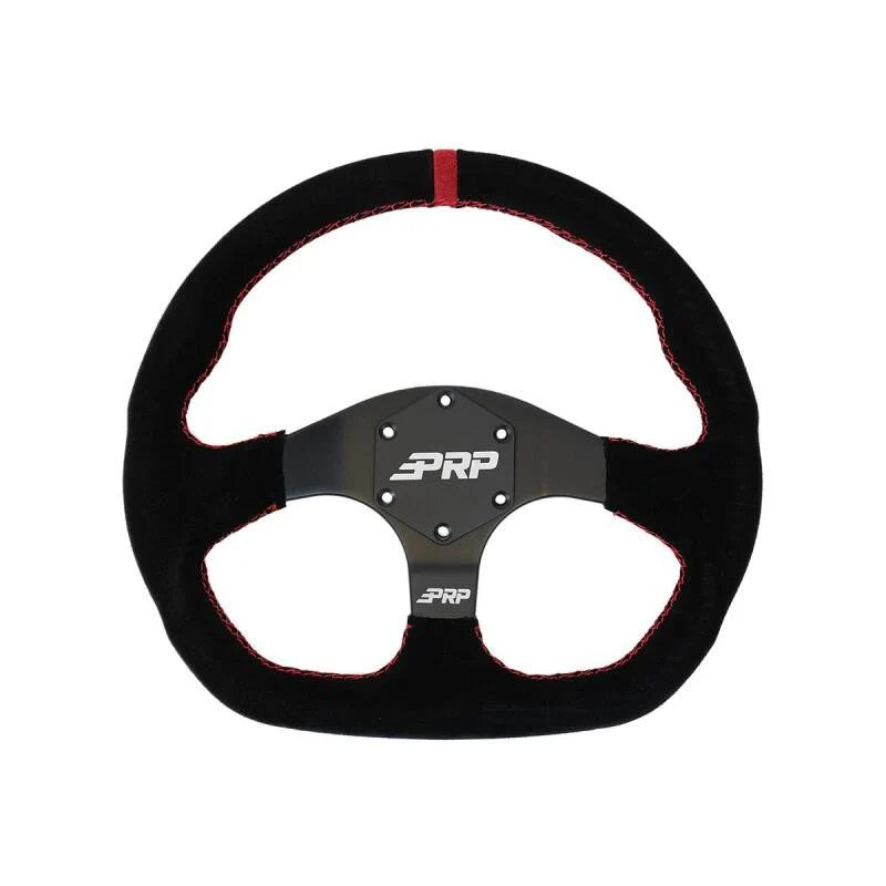 PRP Comp-R D-shape steering wheel featuring black suede, red stitching, and a 6-bolt matte black aluminum center.