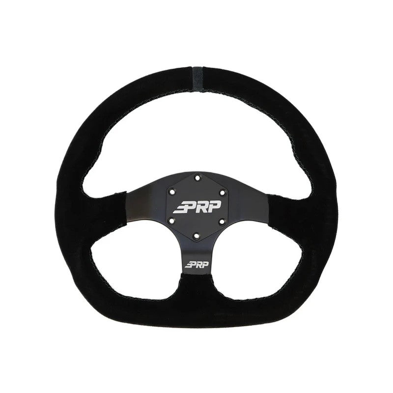 PRP Comp-R D-shaped suede steering wheel in matte black with 6-bolt pattern and black center stripe.