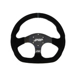 PRP Comp-R D-shaped suede steering wheel in matte black with 6-bolt pattern and black center stripe.