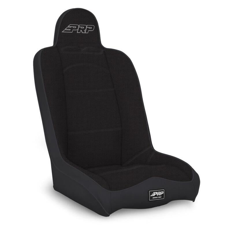 PRP Daily Driver High Back Suspension Seat in all black with tweed center and two harness neck slots.