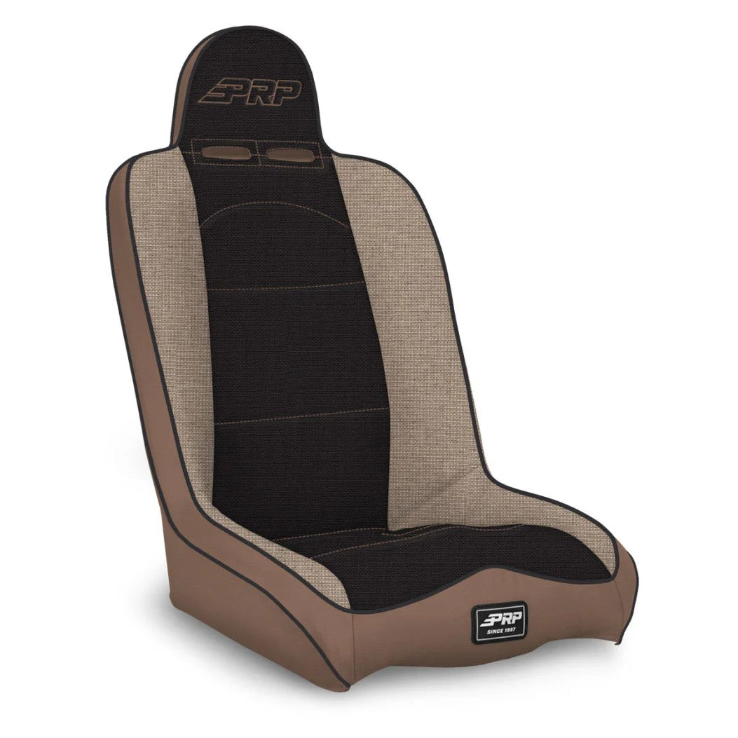 PRP Daily Driver high back suspension seat with tan tweed center, black vinyl bolsters, and two harness neck slots.