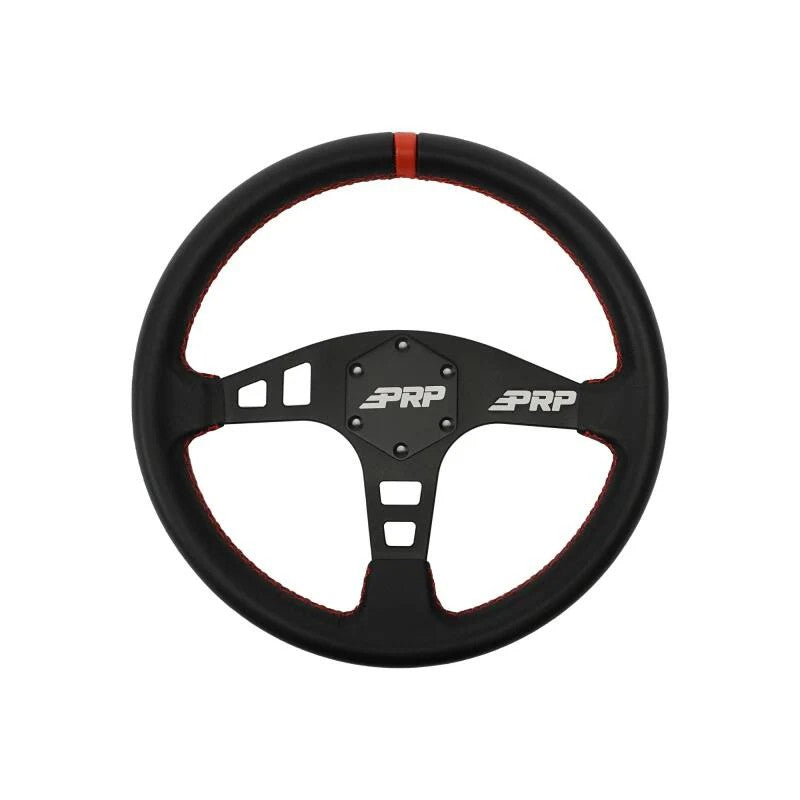 PRP 13-inch flat leather steering wheel featuring red stitching, matte black aluminum spokes, and a 6-bolt mounting hub.