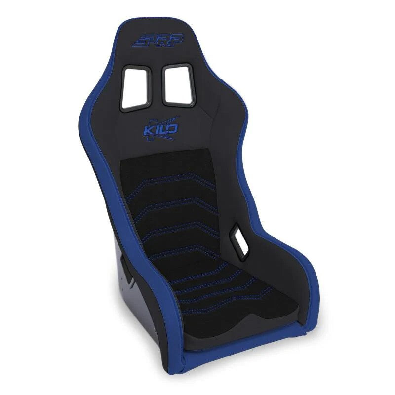 PRP Kilo composite racing seat in black and blue vinyl and breathable mesh with deep side bolsters.