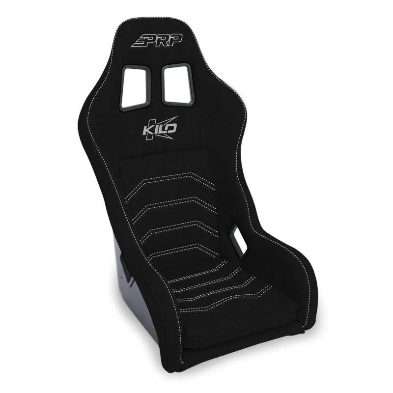 PRP Kilo high-containment composite race seat upholstered in black Xcel cloth with an FRP shell and large harness slots.