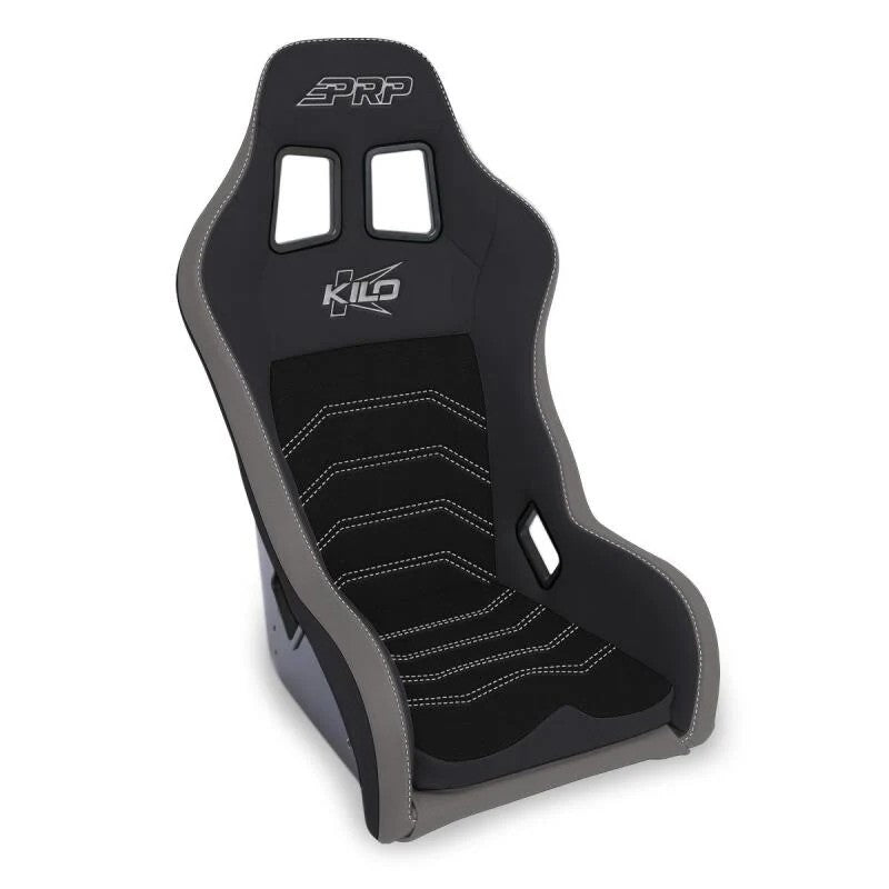 Black and gray PRP Kilo composite racing seat with deep bolsters, mesh center, and large harness slots.