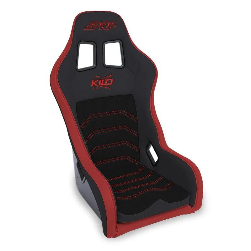 Black and red PRP Kilo composite race seat with FRP shell, breathable mesh center, and HANS-compatible shoulder area.