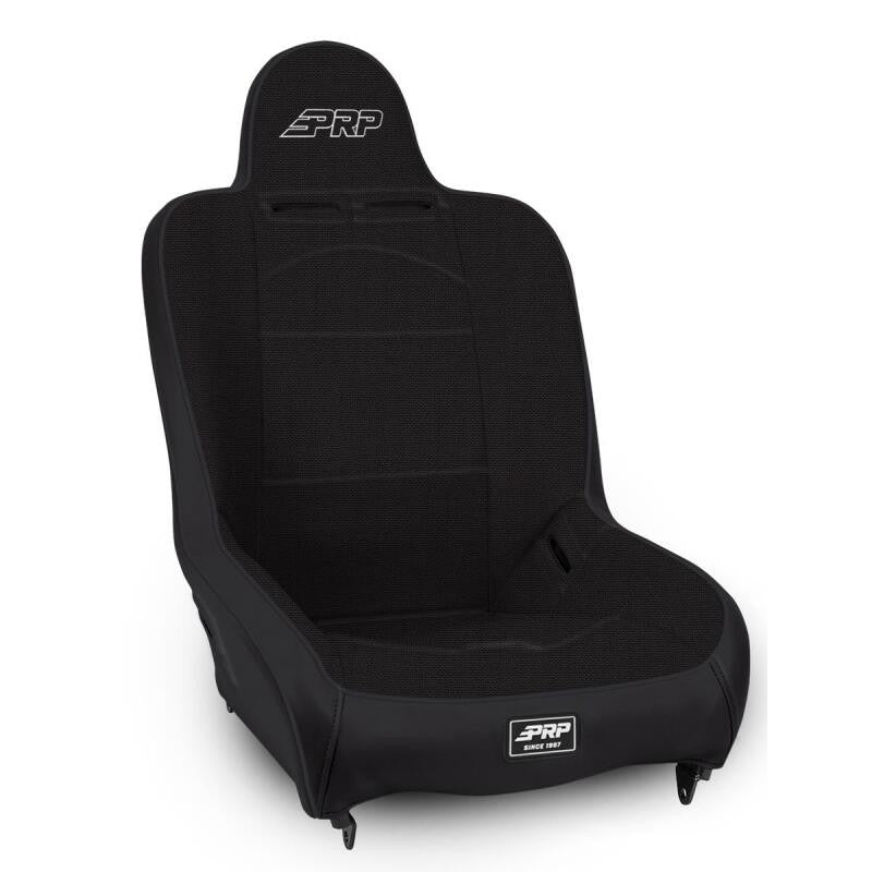 All-black PRP Premier high back suspension seat with tweed center and dual harness neck slots.