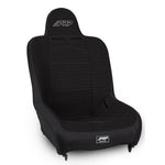 All-black PRP Premier high back suspension seat with tweed center and dual harness neck slots.