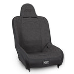 PRP Premier High Back Suspension Seat in All Grey with tweed center, vinyl piping, and two neck slots for harnesses.
