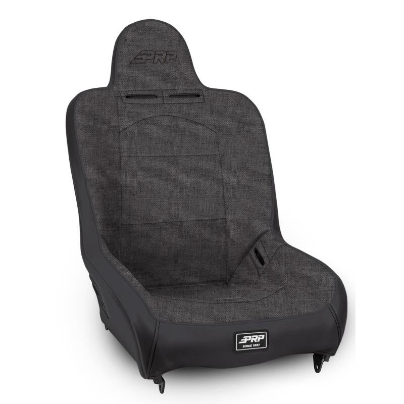 PRP Premier High Back Suspension Seat in All Grey with tweed center, vinyl piping, and two neck slots for harnesses.