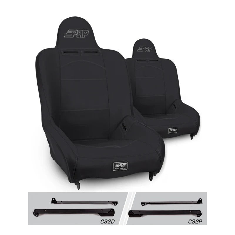 Pair of black PRP Premier High Back suspension seats with tweed centers and Jeep CJ7/YJ adapter mounts.