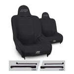 Pair of black PRP Premier High Back suspension seats with tweed centers and Jeep CJ7/YJ adapter mounts.
