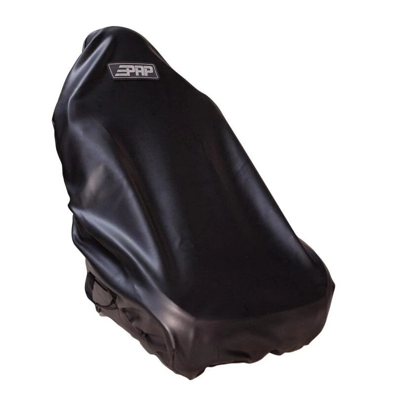 Durable black vinyl protective cover installed on an extra-tall PRP suspension seat with secure harness straps.