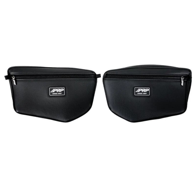 PRP black vinyl upper door storage bags installed on a 2024 Can-Am Maverick R factory door.