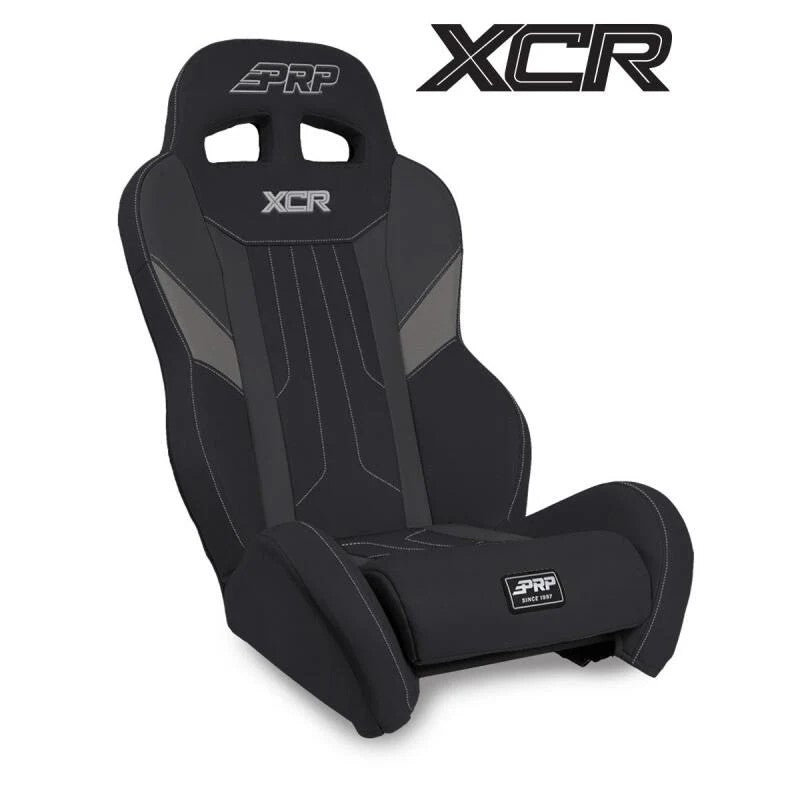 PRP XCR series UTV suspension seat in black and gray vinyl featuring a dual-slot headrest and low side bolsters.