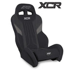 PRP XCR series UTV suspension seat in black and gray vinyl featuring a dual-slot headrest and low side bolsters.