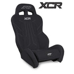 Black PRP XCR suspension seat for Polaris RZR featuring low side bolsters and dual harness slots.