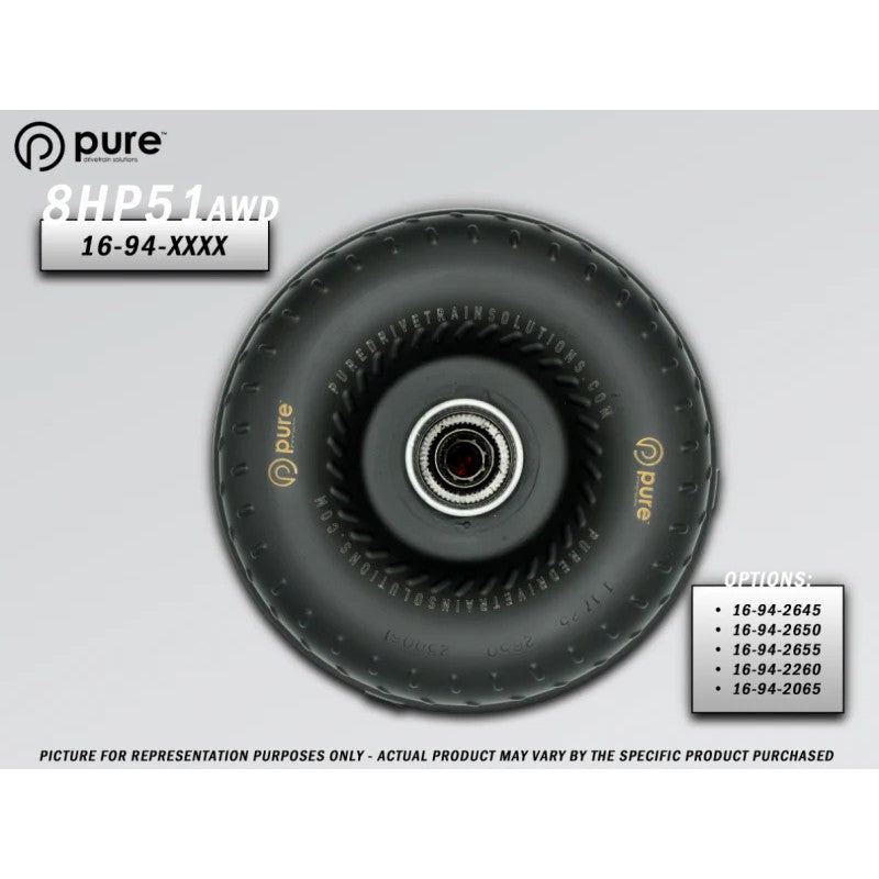 Pure Drivetrain 8HP51 billet race torque converter featuring a 26/50 stator for AWD drivetrain applications.