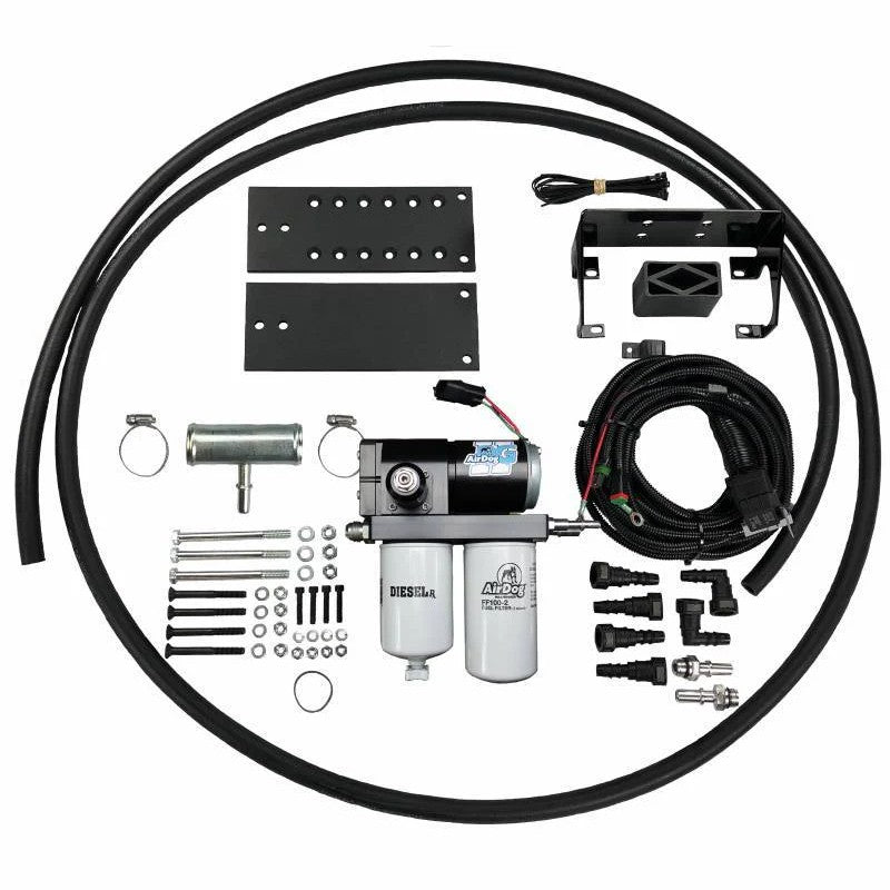 PureFlow AirDog II-5G Fuel Air Separation System with pump, filters, lines, and mounting hardware