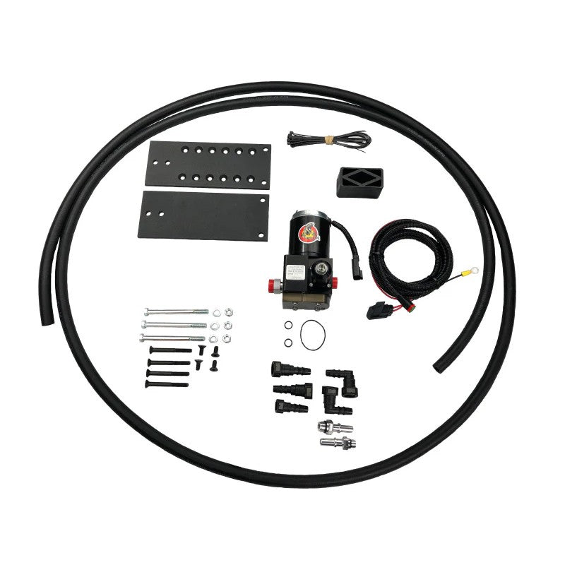 PureFlow Raptor RP-4G-150HP fuel lift pump with mounting bracket and installation hardware for Ford 7.3L Powerstroke.