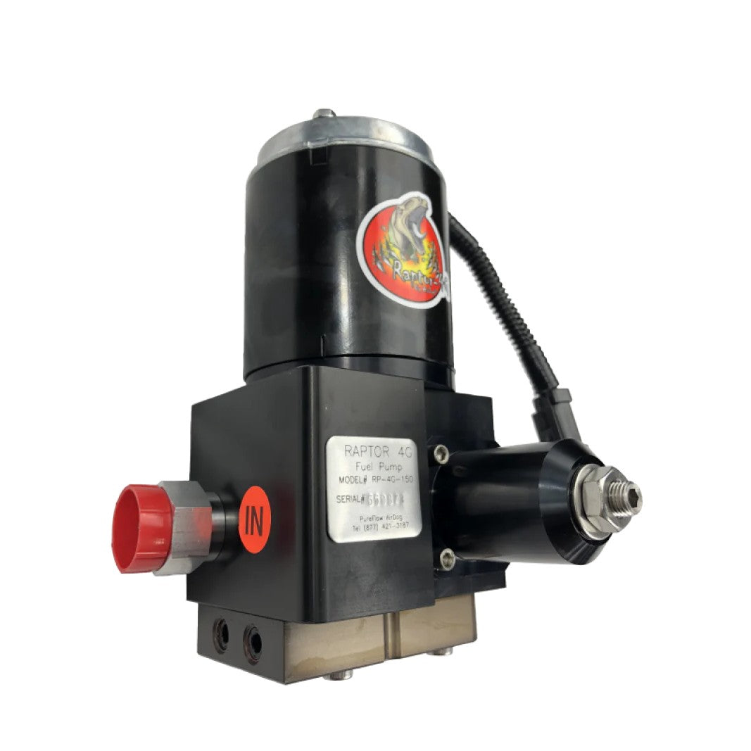 PureFlow Raptor VP-100 universal fuel pump with 100 GPH flow rating and integrated mounting bracket.