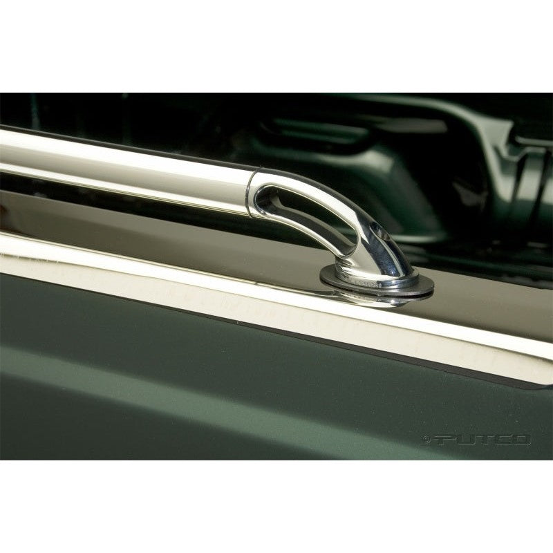 Polished 1.75-inch stainless steel bed rails with chrome tie-down ends for Chevrolet Colorado and GMC Canyon.