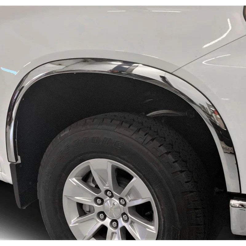 Polished 304 stainless steel fender trim kit with black rubber border for 2019-2026 Chevrolet Silverado 1500 trucks.