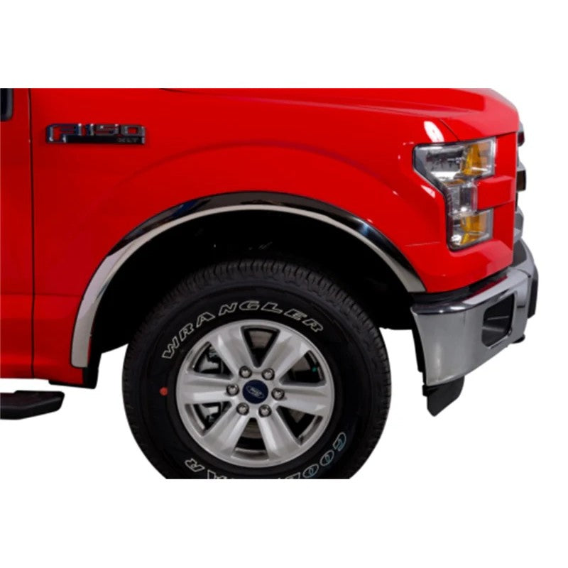 Putco 304 stainless steel fender trim with UV-protected rubber border installed on a 2021-2025 Ford F-150 wheel well.