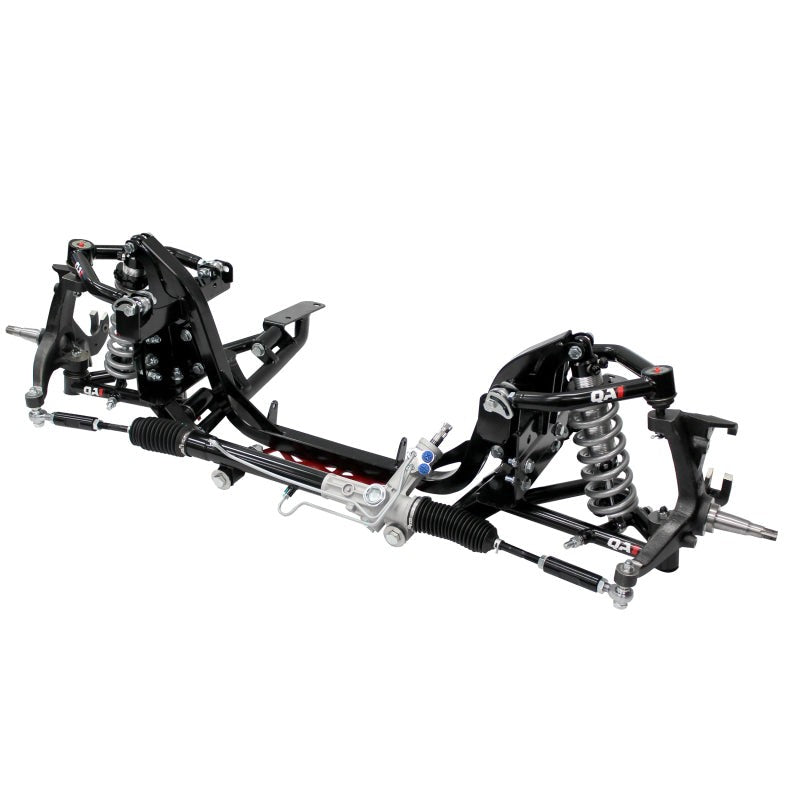 QA1 front coil-over conversion kit for 1965-1979 Ford F-100 featuring tubular control arms, shocks, and steering rack.