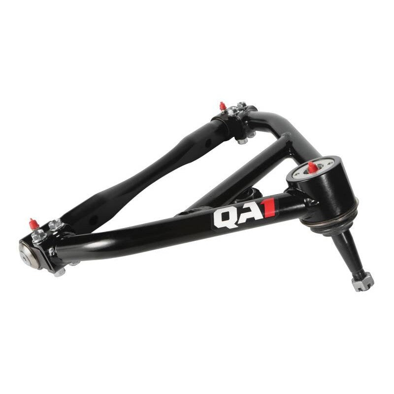 QA1 Street Performance front upper control arms with black powder coat, polyurethane bushings, and billet aluminum shafts.