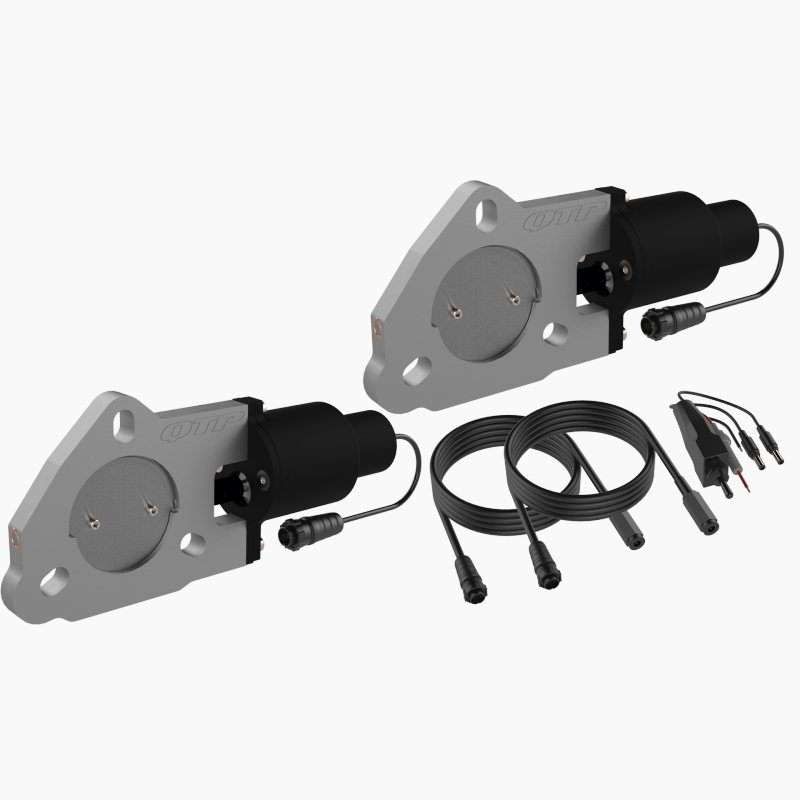 Pair of QTP QTEC 2.5-inch electric exhaust cutout valves with motorized butterfly gates and 3-bolt flanges.