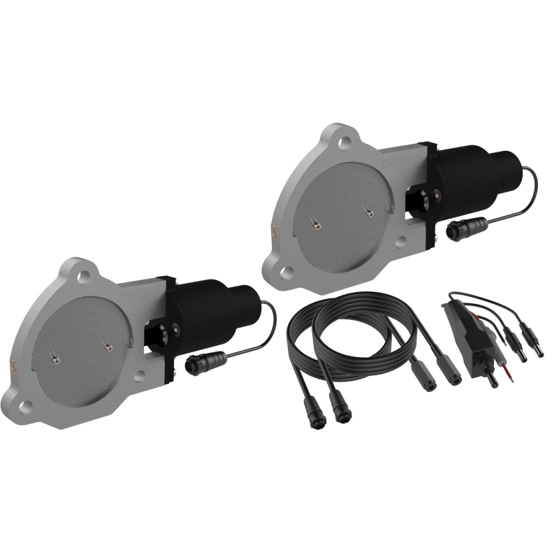 Pair of QTP QTEC 3.5 inch bolt-on electric exhaust cutout valves for dual exhaust systems.
