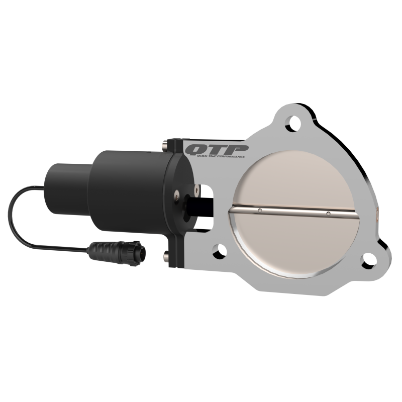 QTP 3.5 inch QTEC electric exhaust cutout valve with cast aluminum housing and high-torque DC gear motor.