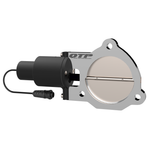 QTP 3.5 inch QTEC electric exhaust cutout valve with cast aluminum housing and high-torque DC gear motor.