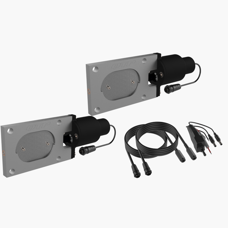 Pair of QTP QTEC low profile oval electric exhaust cutout valves with integrated DC gear motors and wiring.