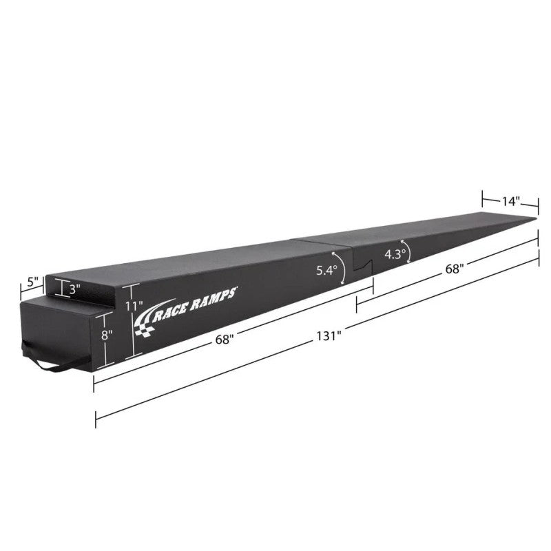 Two-piece black Race Ramps trailer ramps with 11-inch lift height and shallow 5.4-degree approach angle.