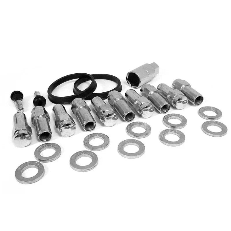 Race Star 14mm x 1.5 open-end shank lug nuts and washers for 2015-2024 Ford Mustang wheels.