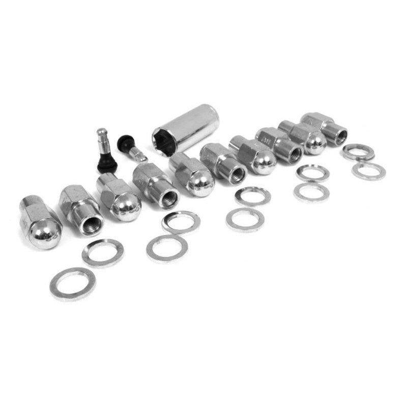 Race Star 14mm x 2.0 chrome closed-end deluxe lug nuts and washers, 10-piece kit.