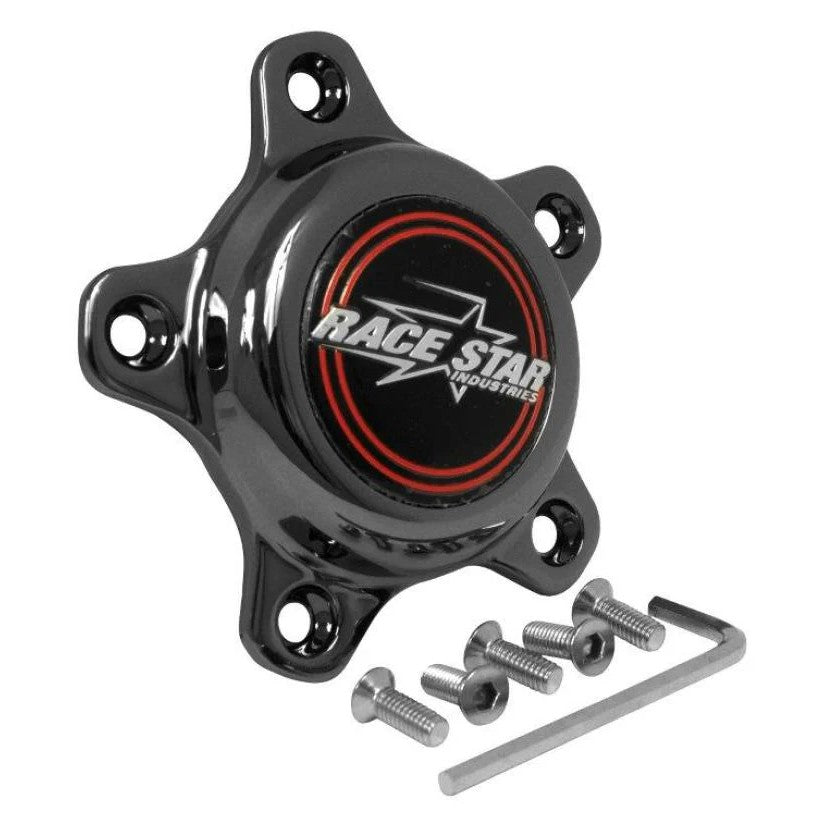 Dark Star finish short profile plastic 5-lug center cap for Race Star wheels with medallion and mounting screws.