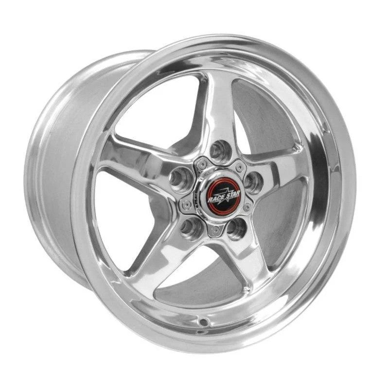 Race Star 92 Drag Star 15x10 polished aluminum wheel with five-spoke design and direct drill 5x4.5 bolt pattern.