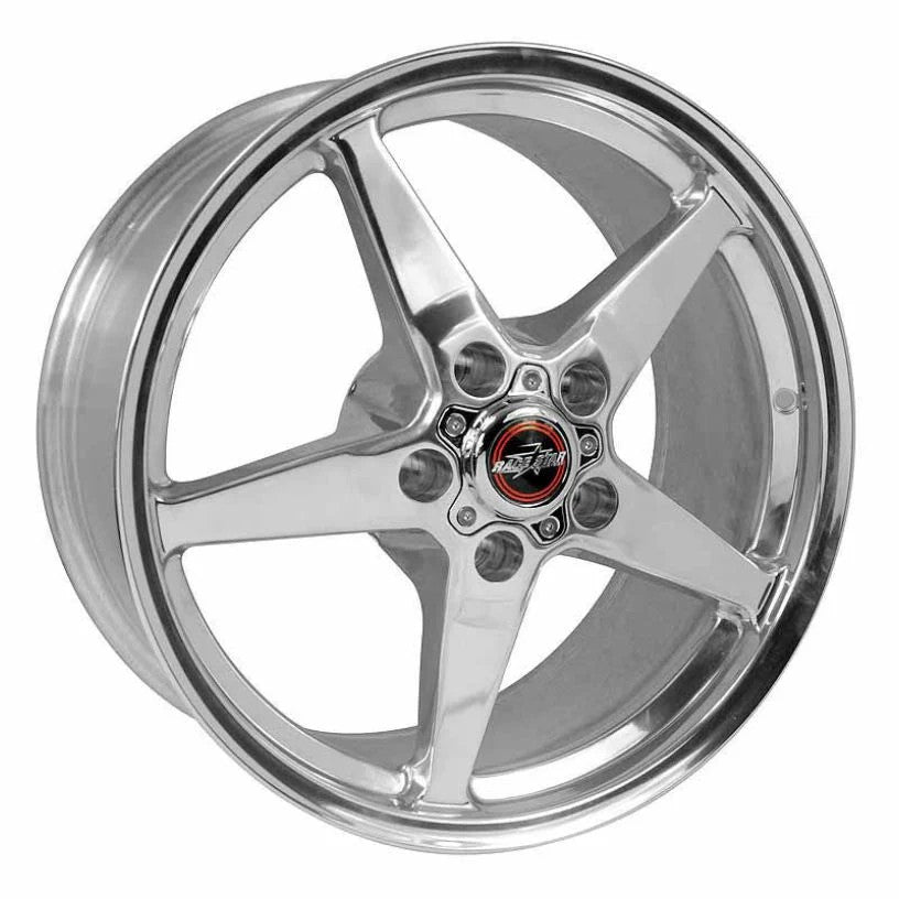Polished 5-spoke Race Star 92 Drag Star 15x10 aluminum wheel with 5x5 bolt pattern and deep dish design.