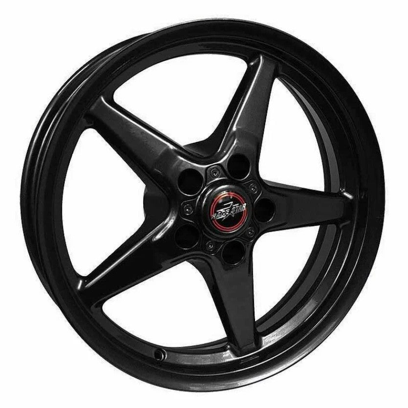 Gloss black Race Star 92 Drag Star Bracket Racer 17x10.5 wheel with five-spoke design and 5x120 bolt pattern.