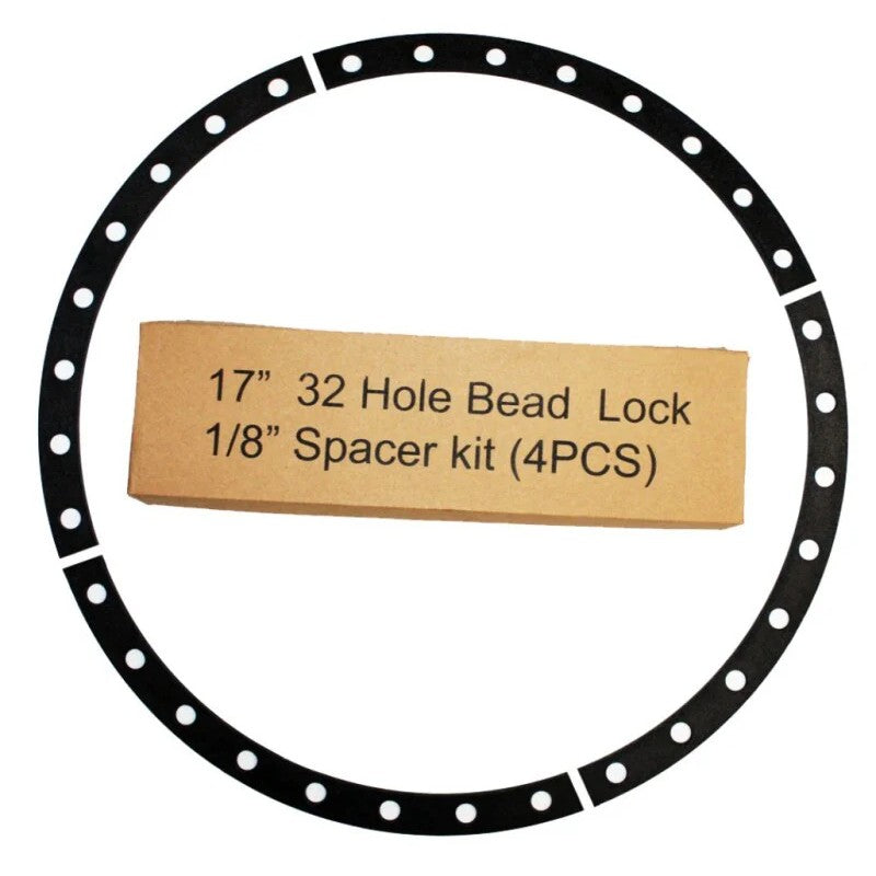 Set of four 17-inch Raceline 32-hole 1/8-inch beadlock spacer rings for off-road wheels.