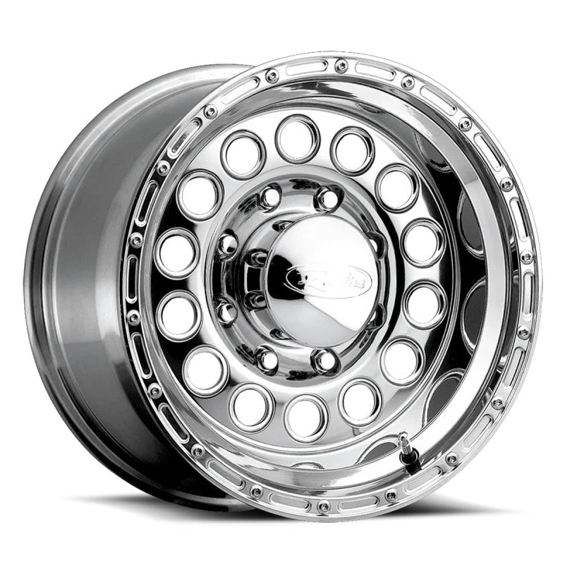Raceline 887 Rock Crusher polished 8-hole aluminum wheel, 15x10 size with 6x139.7 bolt pattern and deep dish offset.