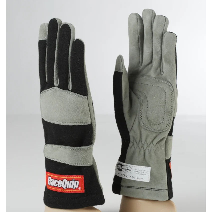 Medium RaceQuip black 1-layer SFI 3.3/1 rated racing gloves with high-grip palm and elastic wrist.