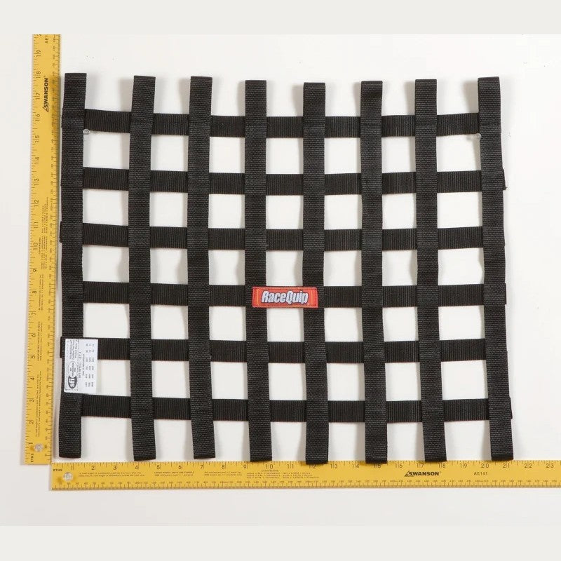 Black 18 by 21 inch ribbon style racing window net with SFI 27.1 certification tag