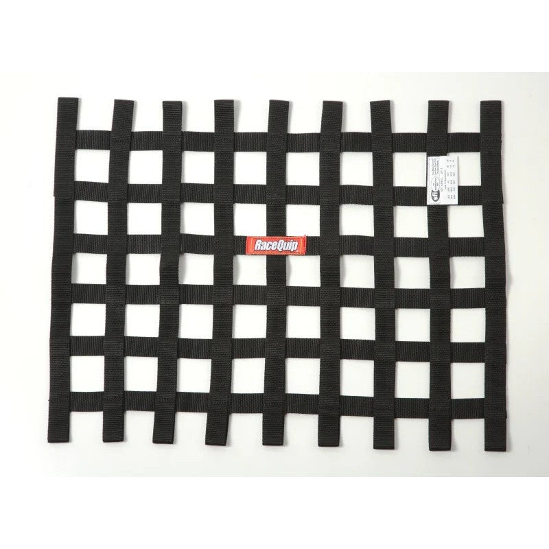RaceQuip black 18x24 inch ribbon window net with SFI safety certification tag