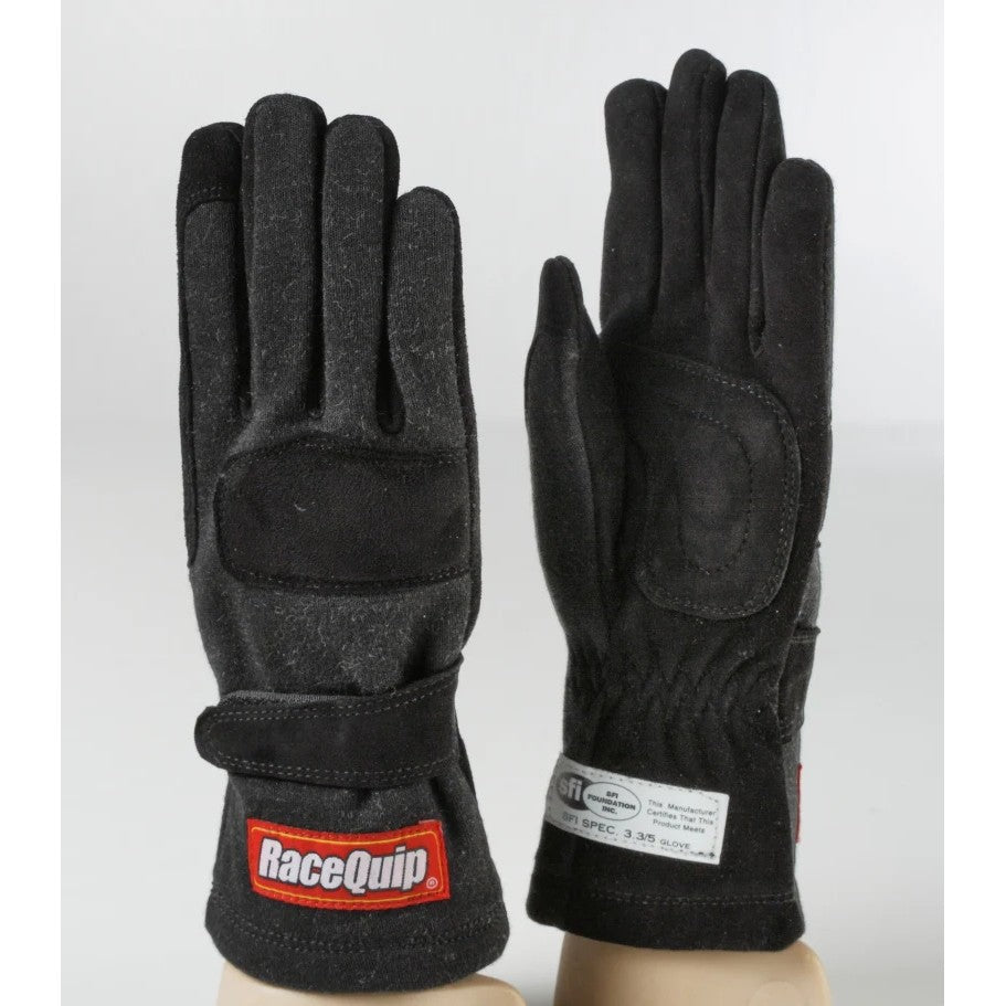 Black RaceQuip 355 series 2-layer SFI 3.3/5 rated racing gloves in size medium.