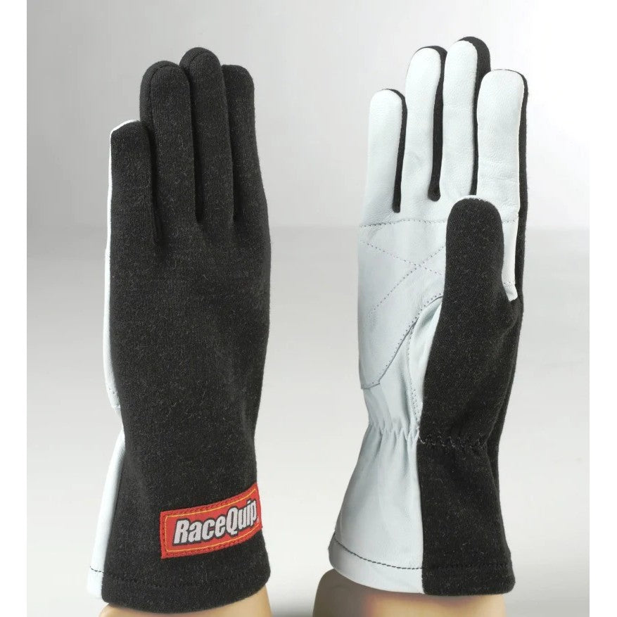 RaceQuip Black Basic Series racing glove in Medium with hook-and-loop wrist closure and reinforced palm.